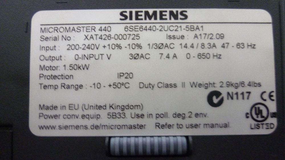 Dier Elektrik Malzemeleri Hz Kontrol Cihaz Satlk Semens Mcromaster 440 6Se6440-2Uc21-5Ba1 1.5Kw