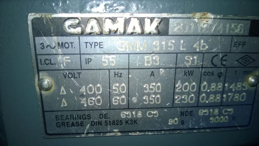 Elektrik Motorlar GAMAK Satlk 200 Kw Sfr 270 Hp 1500 Devir
