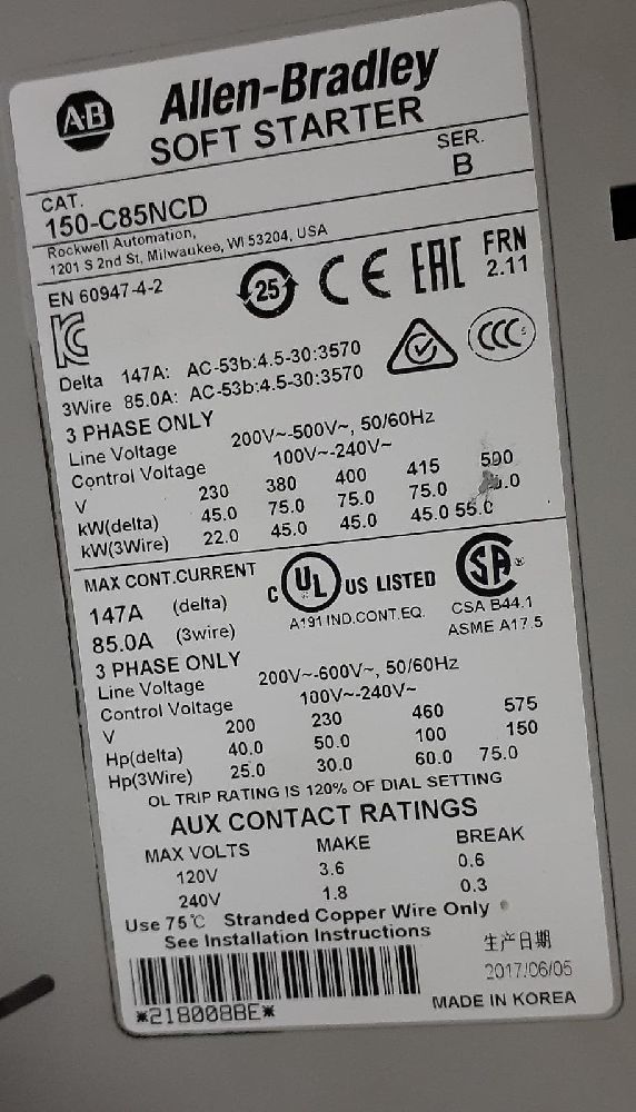 Dier Elektrik Malzemeleri Softstarter Satlk Allen Bradley 150-C85Ncd