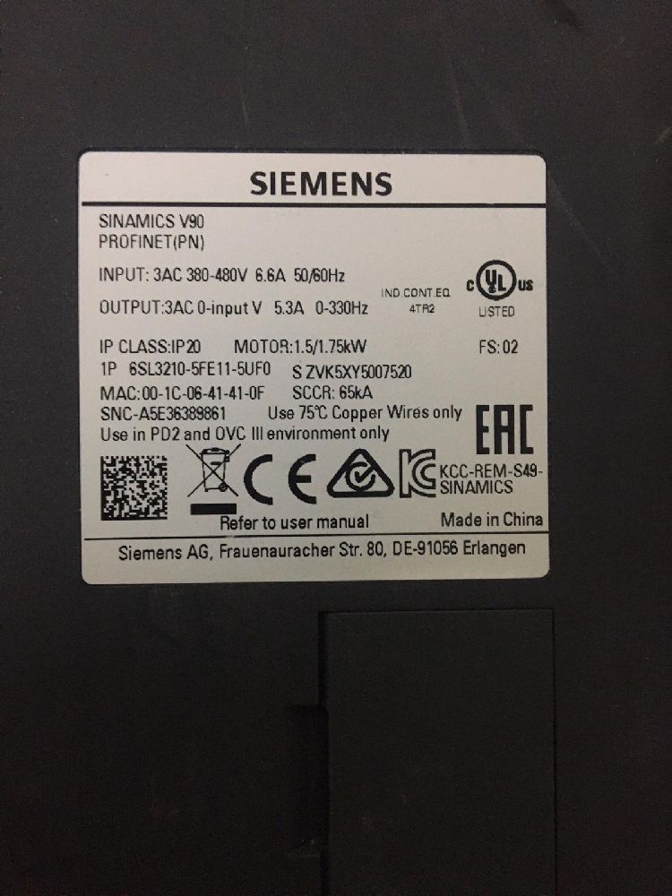 Invertr Src Satlk Siemens Snamcs V90 6Sl3210-5Fe11-5Uf0 1.5/1.75kw