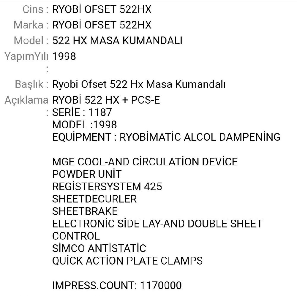 Bask Makinalar Satlk Ryobi Ofset 522 Hx Masa Kumandal 98 Model