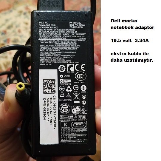 Adaptr ve Kablolar Satlk Dell marka notebook adaptr 19.5 volt  3.34