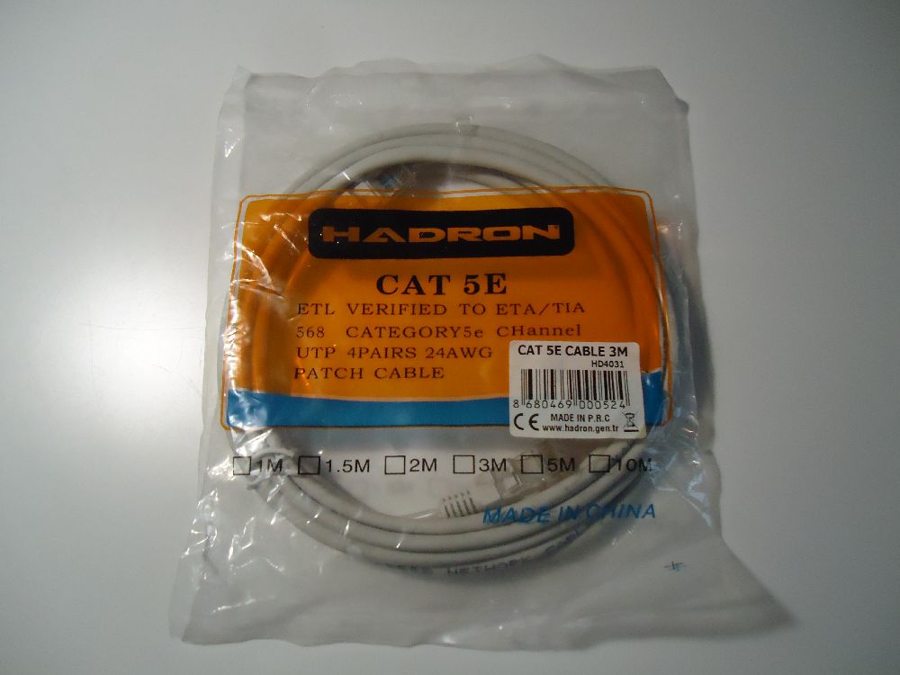 Adaptr ve Kablolar Ethernet Kablosu Satlk Hadron Cat 5E Ethernet Kablo 3 Metre