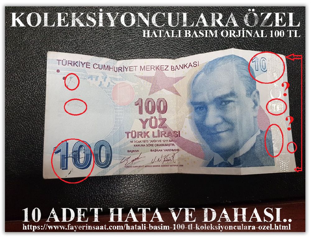 Paralar Trkiye Hatal  para Satlk Hatal Basm 100 Tl Koleksiyonculara zel