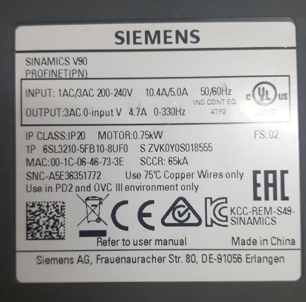 Invertr Servo Satlk Siemens  6Sl3210-5Fb10-8Uf0 0.75Kw