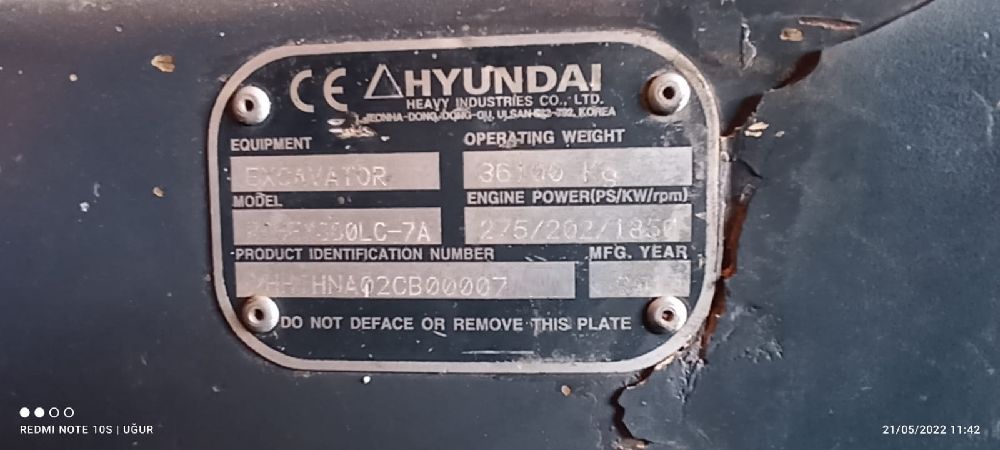 Ekskavatr Paletli Eskavator. Satlk 2011 Hyundai 360 Lc-7A-Temiz