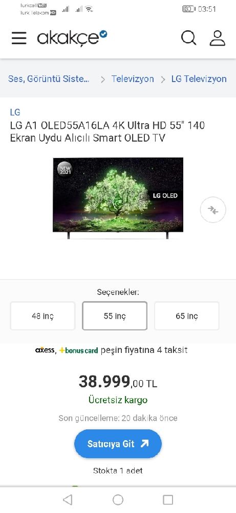 Lcd Televizyon Satlk LG oled TV 4K ultra hd 139 ekran
