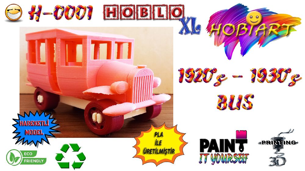 Oyunlar, Oyuncaklar HOBART 3D Bask Satlk H-0001 1920's - 1930's Bus (Hoblo Xl Otobs)