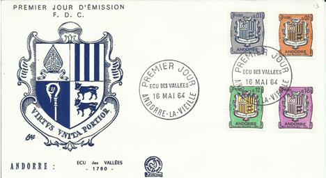 Koleksiyon, Pullar, Fransız Andorrası 1964 Devlet Armaları Fdc