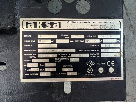 İş Makineleri, Jeneratör, Aksa Ac35 Cummins Otomatik Hemen Teslim