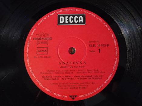 Müzik, Film (Plak,Cd, Dvd), Dizi, Film Müzikleri, Shmuel Rodensky, Fiddler On The Roof, Damdaki Kemancı Almanca Lp Tertemiz
