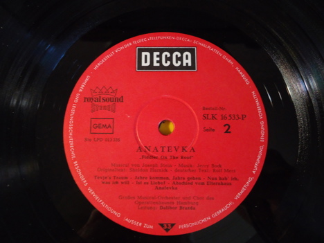 Müzik, Film (Plak,Cd, Dvd), Dizi, Film Müzikleri, Shmuel Rodensky, Fiddler On The Roof, Damdaki Kemancı Almanca Lp Tertemiz