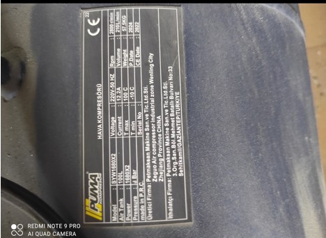 İş Makineleri, Puma, 2024, Sessiz Kompresör, Satılık 100 Litre 2 Sessiz Kafa Kompresör