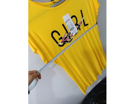 Giyim Eşyası, Bayan T-Shirt, Body, Sarı Kısa Kollu Kadın Tişörtü -Bisiklet Yaka