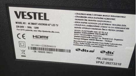 Elektronik Eşya, Led Tv, Smart Led Tv, Vestel 43Ud9300 Led 4K Smart Tv (Tkgs,Yatık Çizgi)